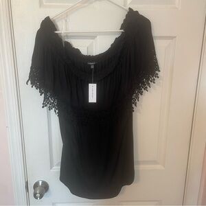 Black Off-the-Shoulder Blouse with Crochet Cut Out Style Detail